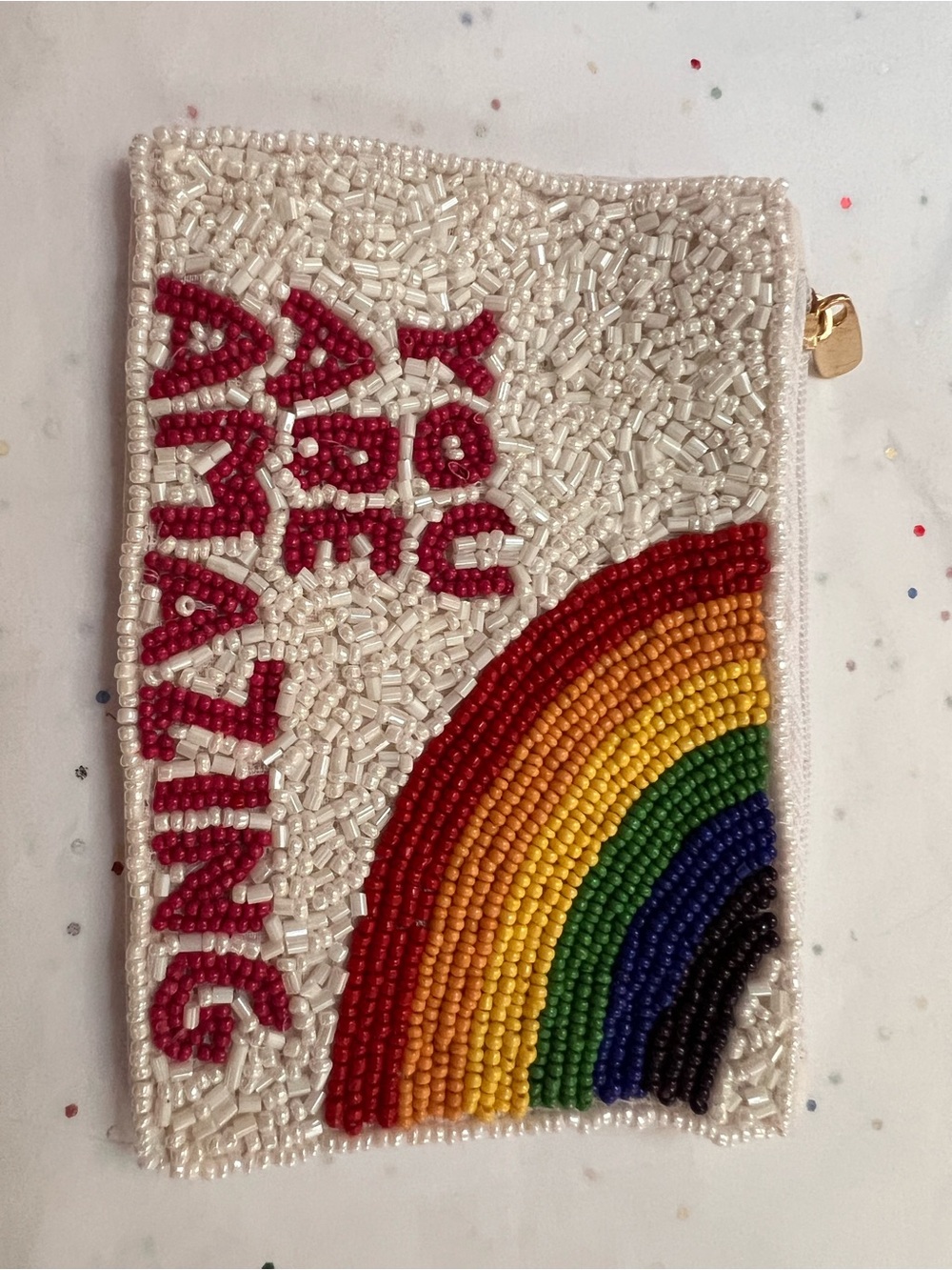Beaded Rainbow Pouch with 'Shining Love' Text